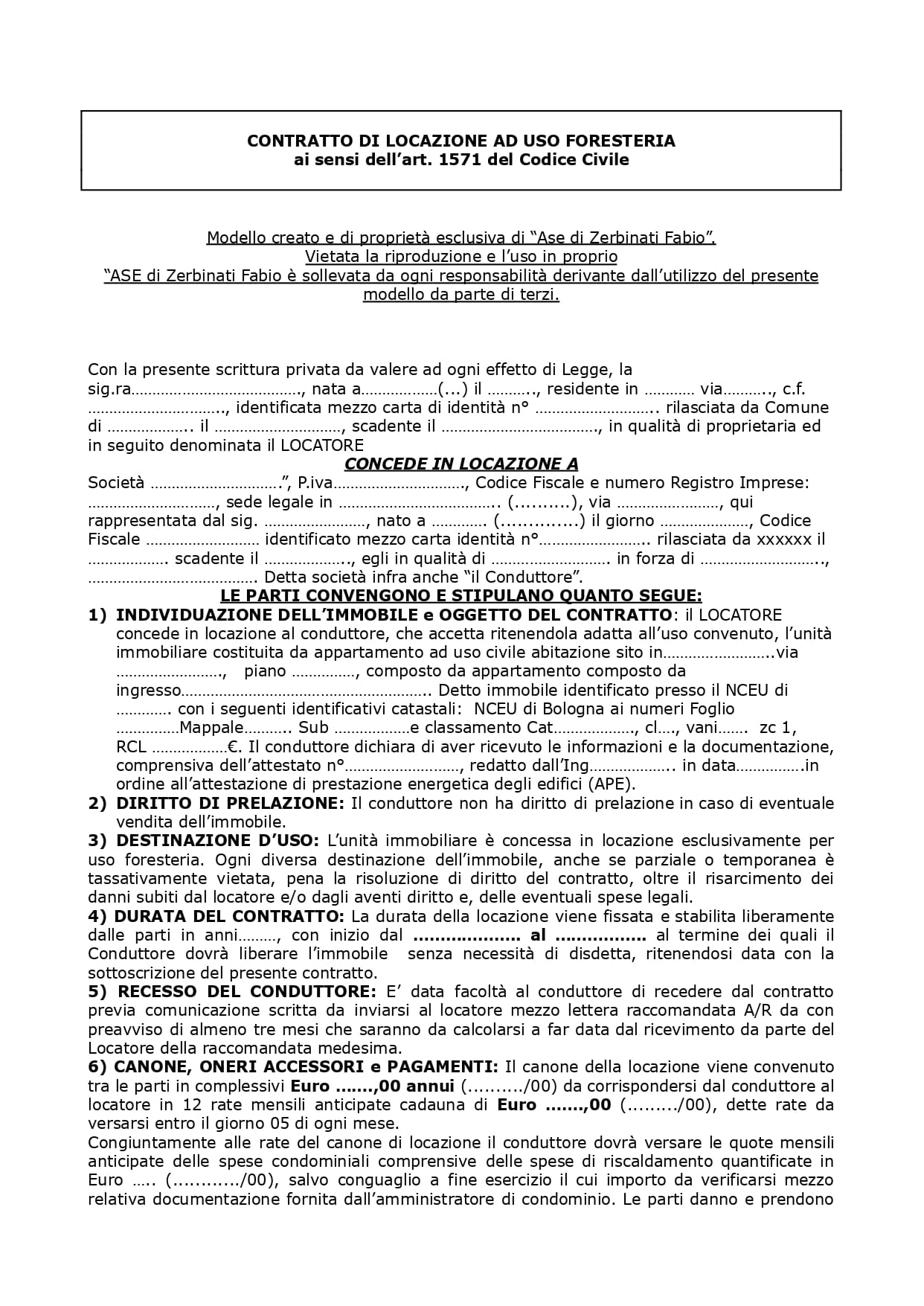 Modello contratto uso foresteria pagina 1